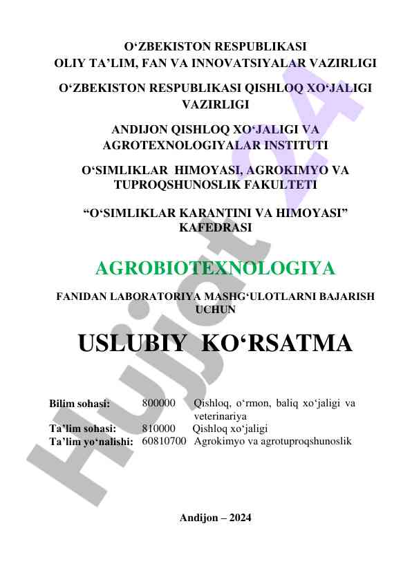 Agrobiotexnologiya fanidan laboratoriya mashg‘ulotlari
