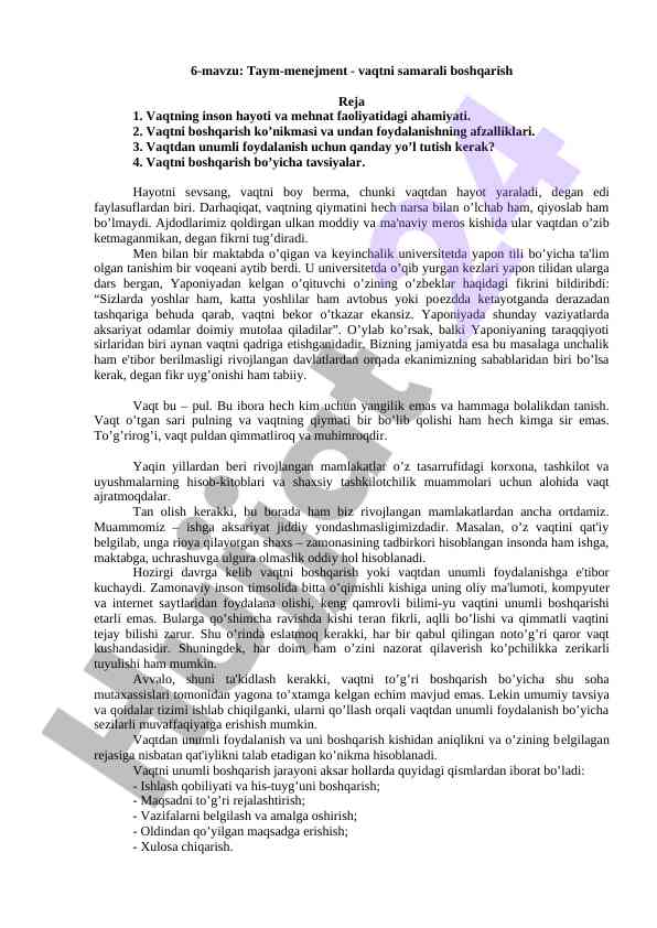 Taym-menejment vaqtni samarali boshqarish usullari