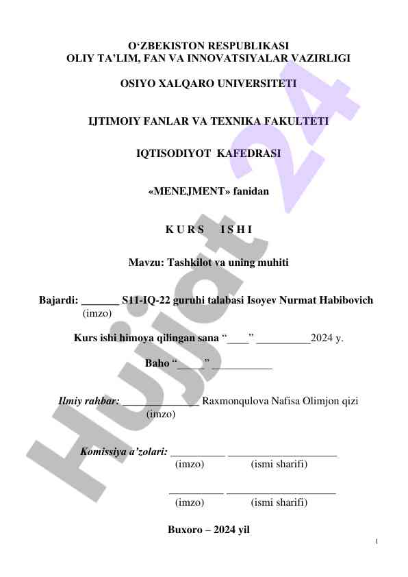 Tashkilot va uning muhiti kurs ishlari