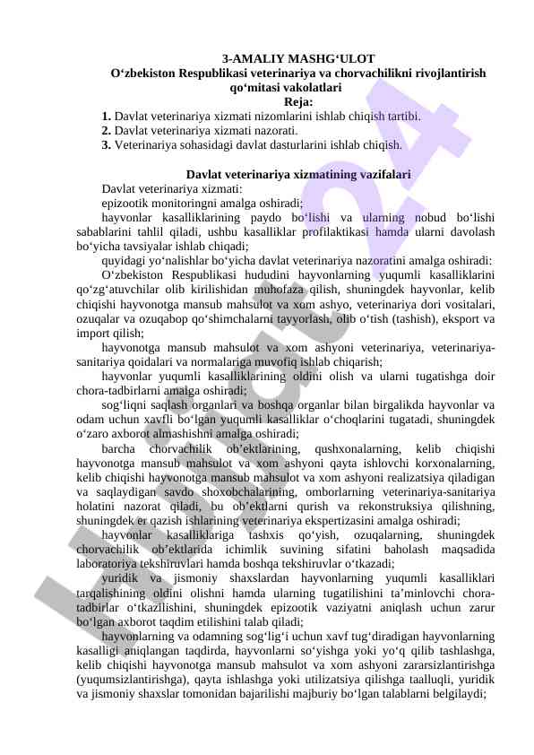 Veterinariya xizmatida amaliy mashg‘ulotlar rejasi