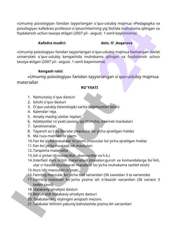 Umumiy psixologiya fanidan o‘quv-uslubiy majmua
