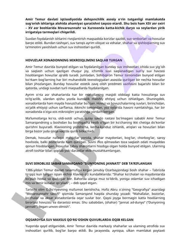 Amir temur davlati iqtisodiyotida sug'orish tizimlari
