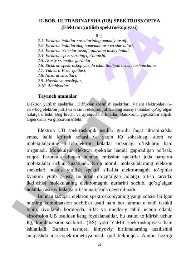 Ultrabinafsha spektroskopiya asoslari va qo‘llanilishi