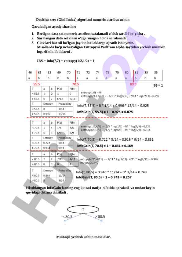 Gini index decision tree algorithm analysis