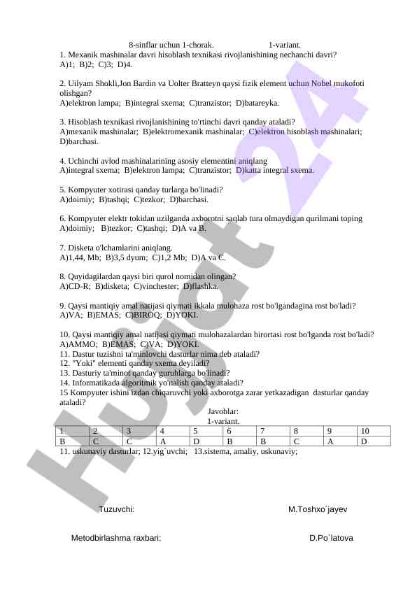 Mexanik mashinalar va kompyuter tashkiloti testi