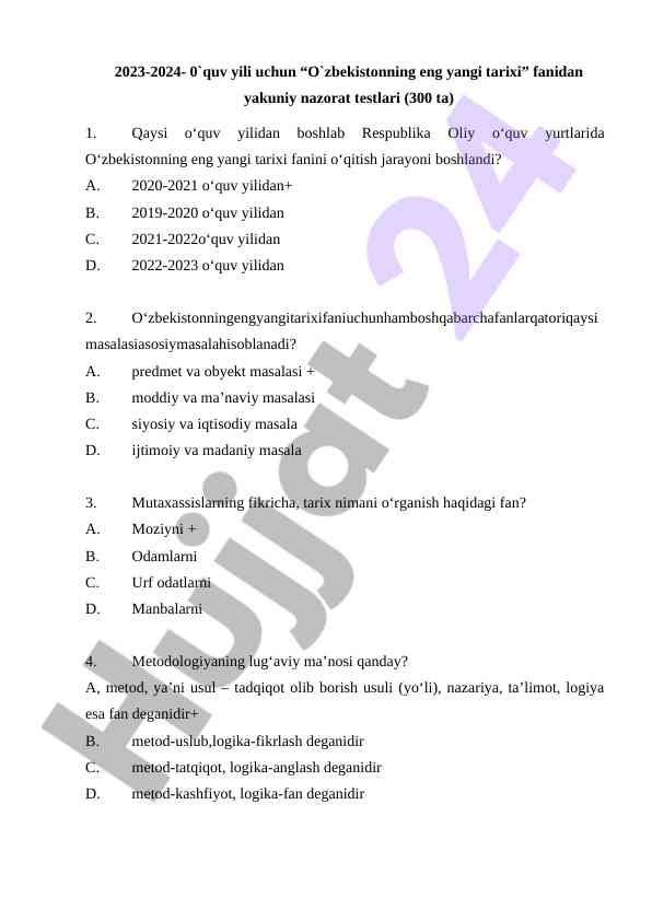 O'zbekistonning eng yangi tarixi fanidan yakuniy nazorat testlari
