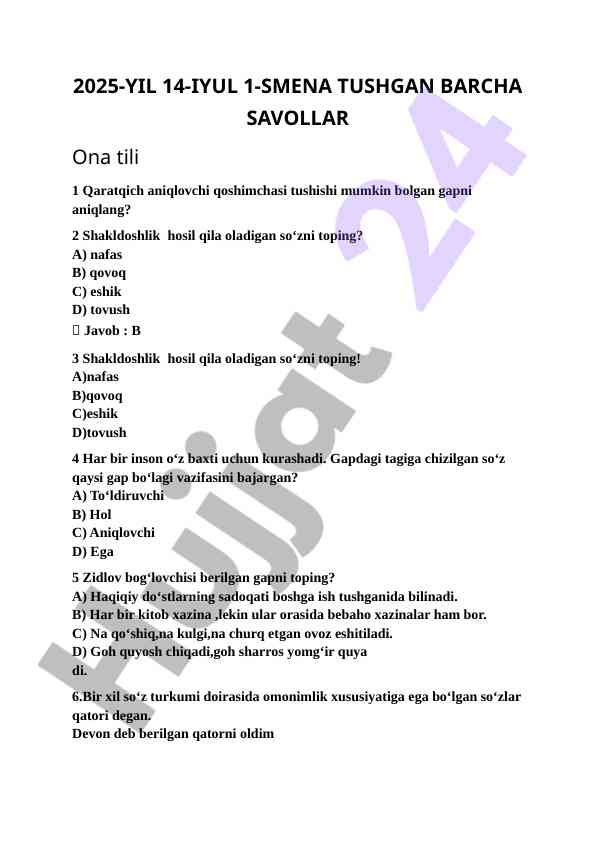 Ona tili test savollari 2025 yil