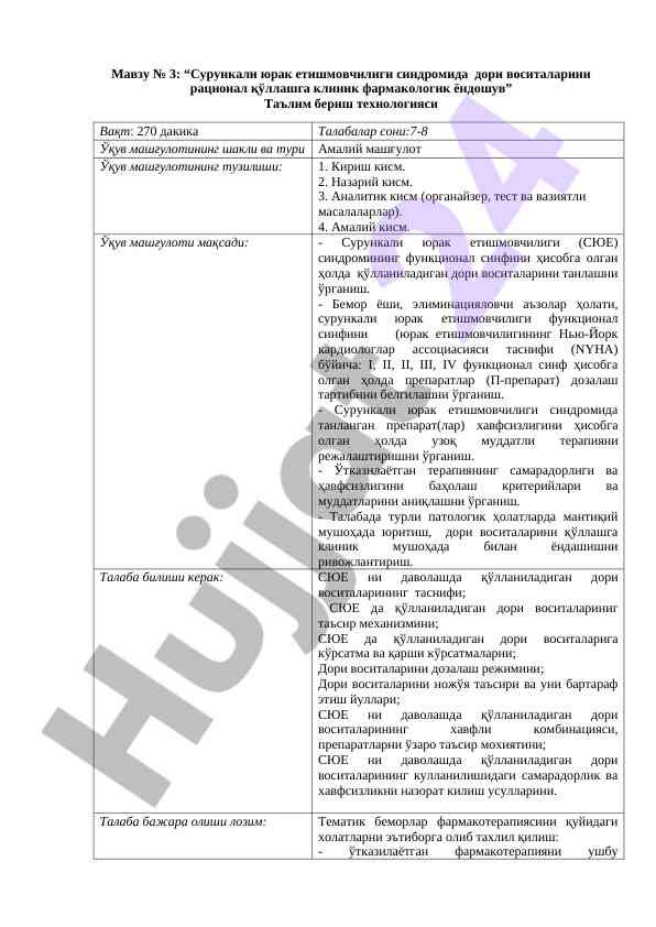 Сурункали юрак етишмовчилигида дори воситаларини қўллаш
