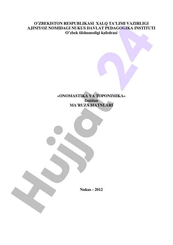 Onomastika va taponimika fanidan ma'ruza matnlari