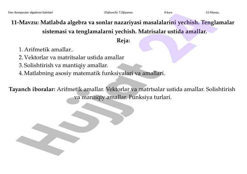 Matlabda algebra va sonlar nazariyasi masalalari