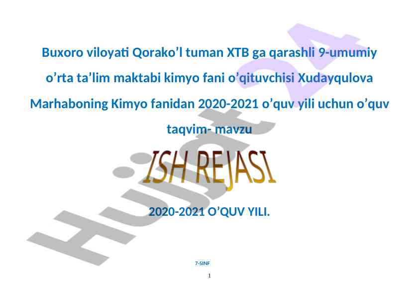 Kimyo fanidan o‘quv taqvim - 2020-2021 o‘quv yili