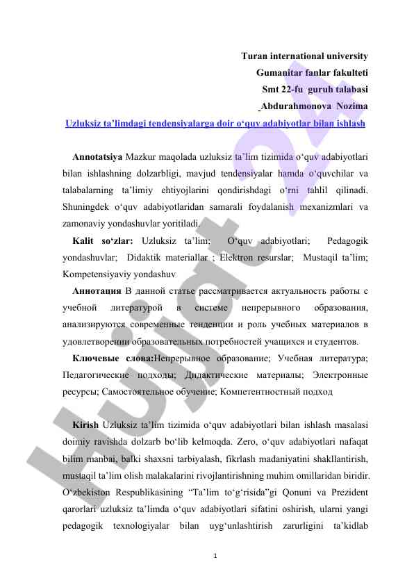 Uzluksiz ta’limdagi tendensiyalarga doir o‘quv adabiyotlar