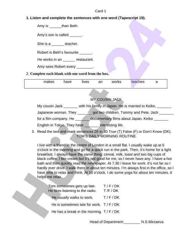 Listening comprehension and sentence completion activities