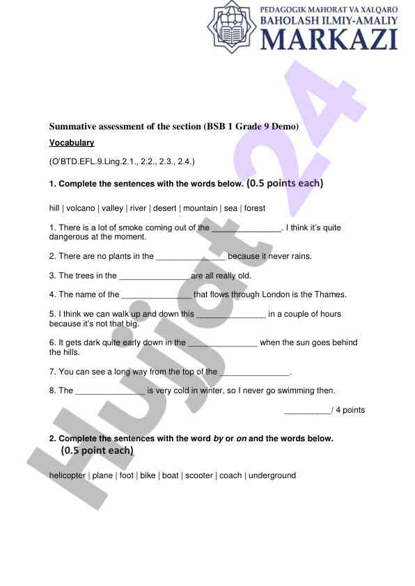 Summative assessment vocabulary for grade 9 students