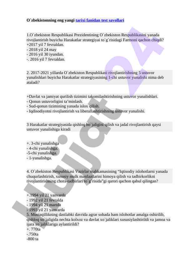 O'zbekiston tarixi fanidan test savollari