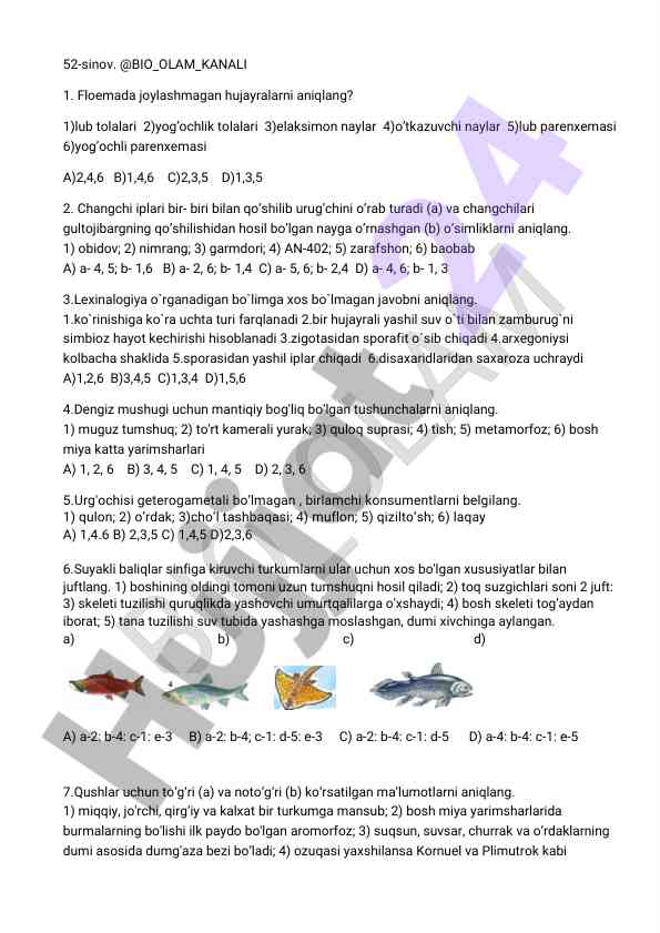 Biologiya testi va savollar toplami