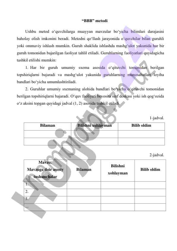 Bbb metodi o‘quvchilarga bilimlarni baholash