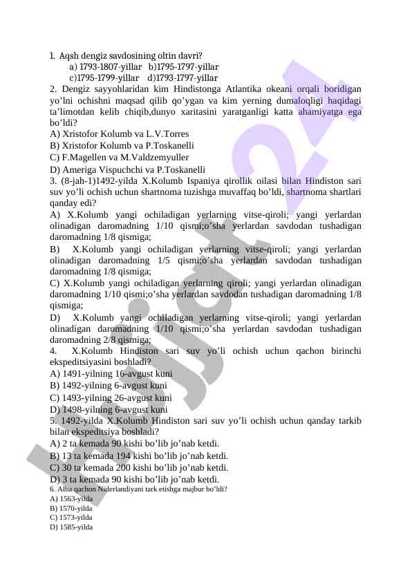 Aqsh dengiz savdosining oltin davri savollari