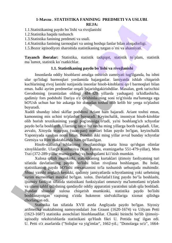 Statistika fanining predmeti va uslubi tushunchalari