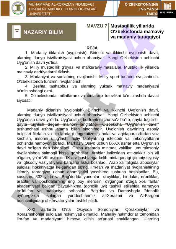 O'zbekistonda ma'naviy va madaniy taraqqiyot