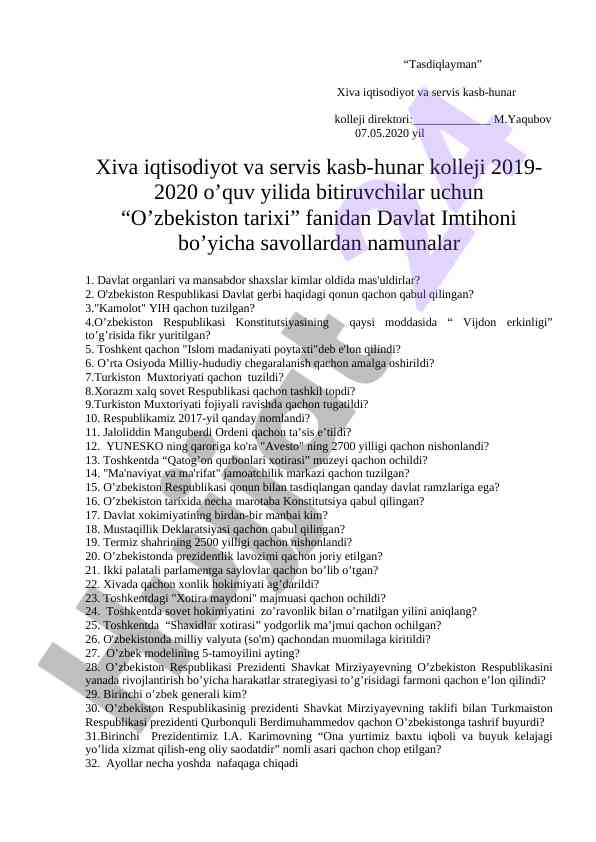 O'zbekiston tarixi fanidan davlat imtihoni savollari