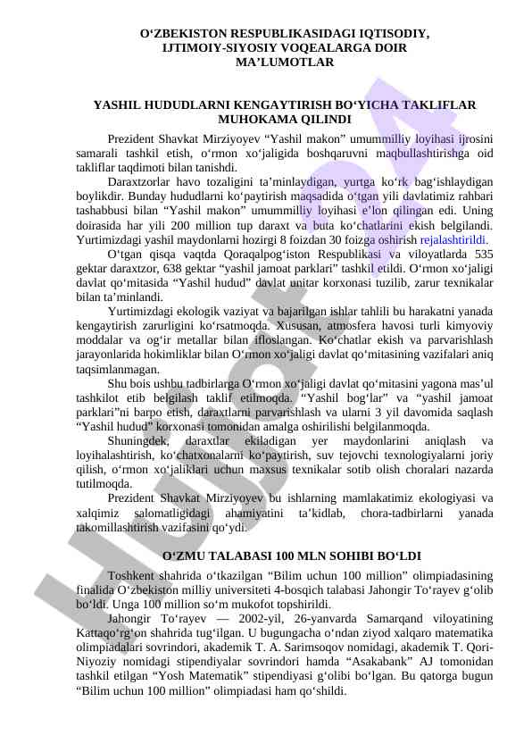 Yashil makon loyihasini tashkil etish takliflari