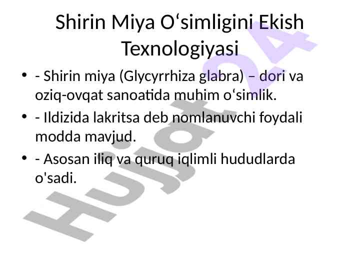 Shirin miya oʻsimligini ekish texnologiyasi