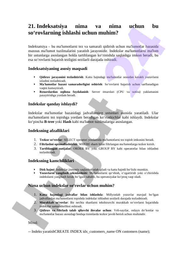 Indeksatsiya nima va uning maqsadlari