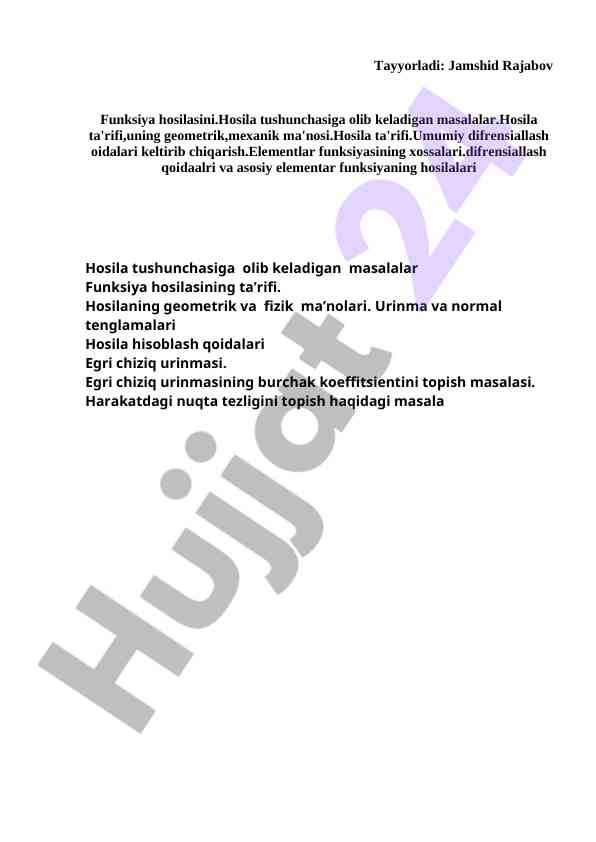 Funksiya hosilasini aniqlash va geometrik ma'nolari