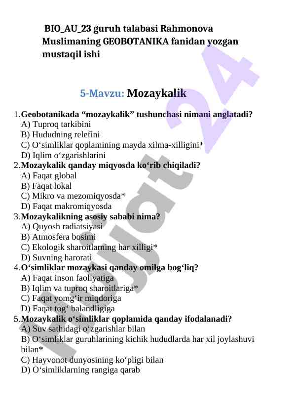 Mozaykalik geobotanika tushunchasi va asosiy sabablari