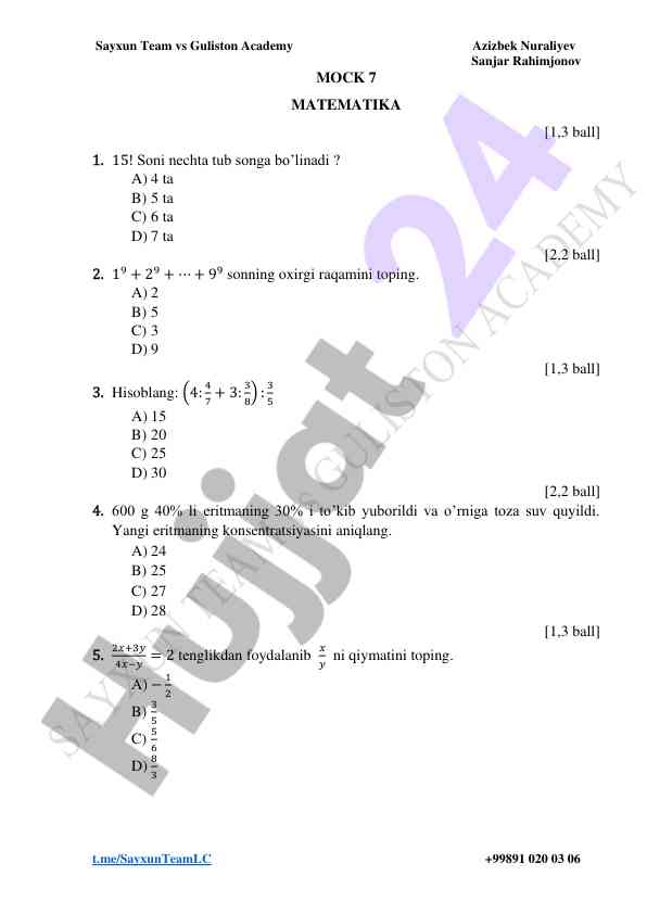 Matematika mock test for sayxun team