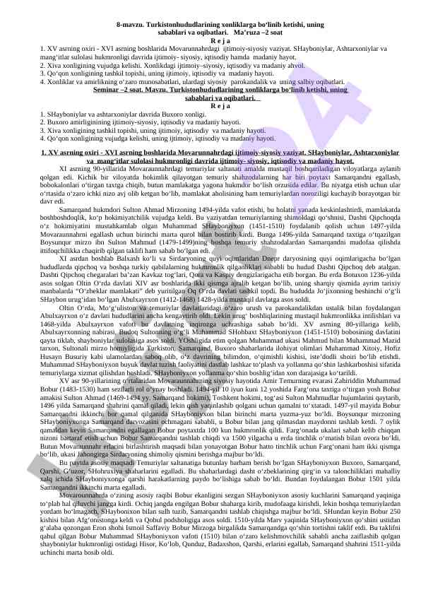 Turkiston hududlarining xonliklarga bo‘linishi