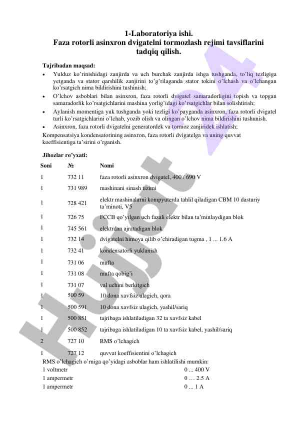 Faza rotorli asinxron dvigatelni tormozlash rejimi