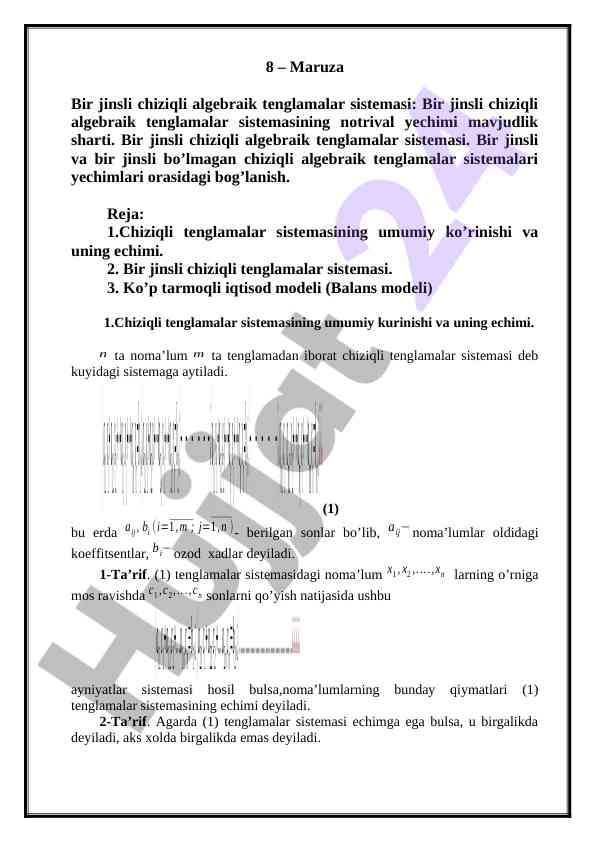 Chiziqli algebraik tenglamalar sistema tahlili