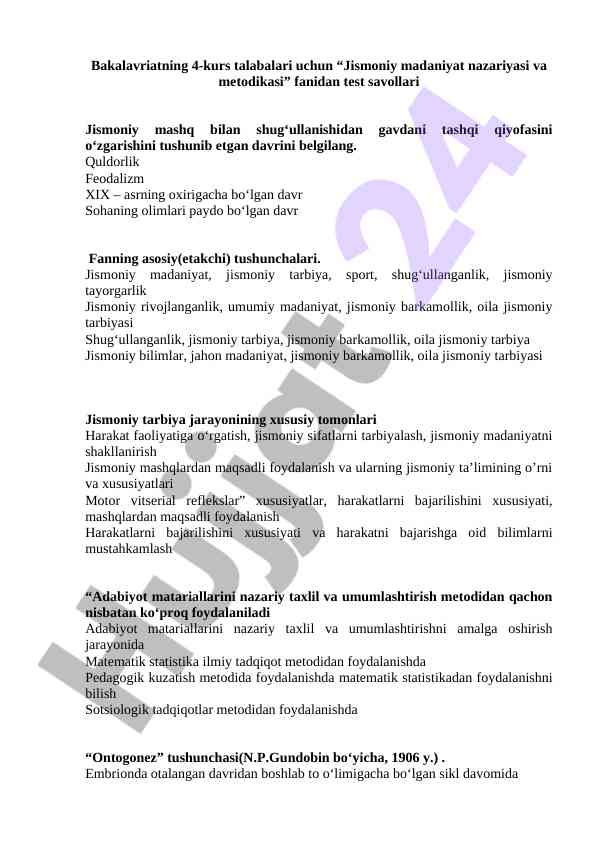 Jismoniy madaniyat nazariyasi va metodikasi test savollari