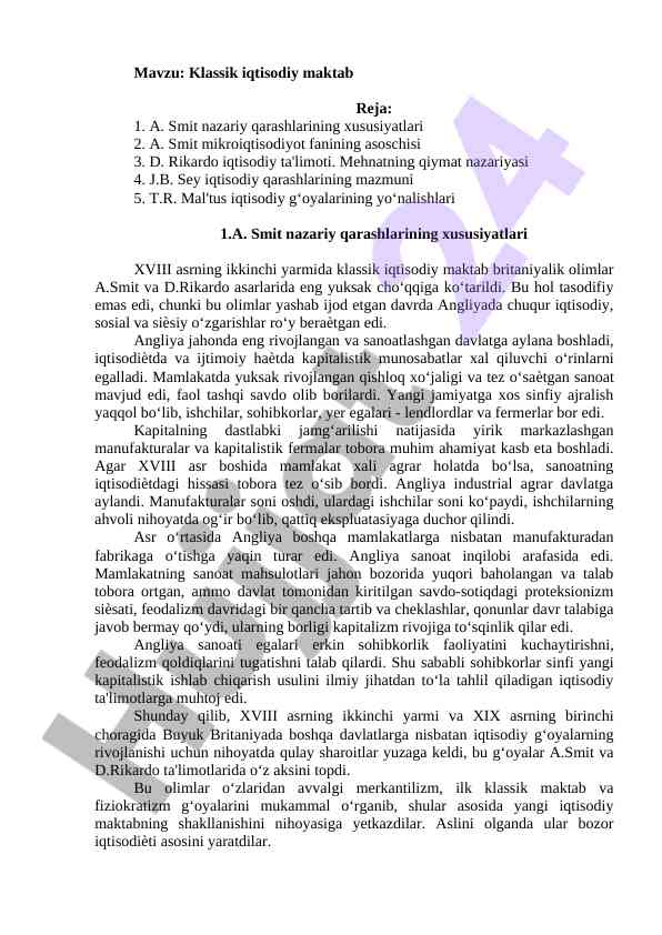 Klassik iqtisodiy maktab nazariy qarashlar