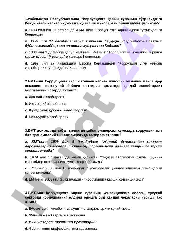 Korruptsiya qarshi kurashisga doir savollar