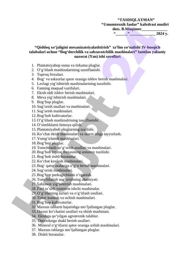 Bog‘dorchilik va sabzavotchilik mashinalari nazorat savollari