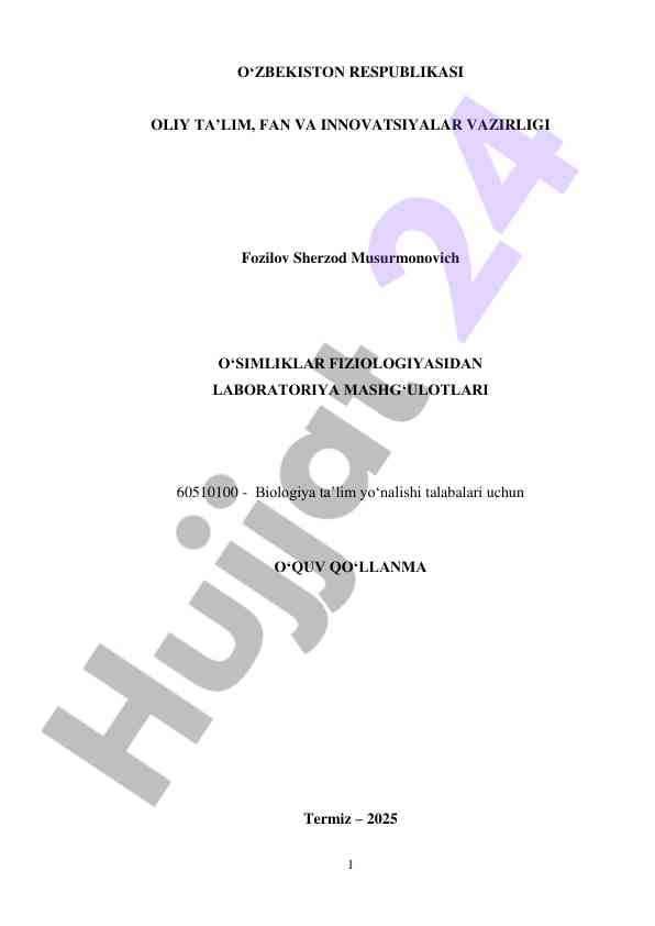 O‘simliklar fiziologiyasidan laboratoriya mashg‘ulotlari