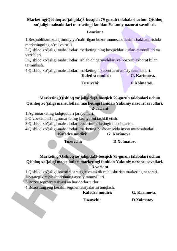 Qishloq xo’jaligi mahsulotlari marketingi testlari