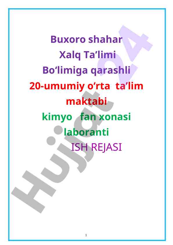 Kimyo fani laborantining oylik ish rejasi