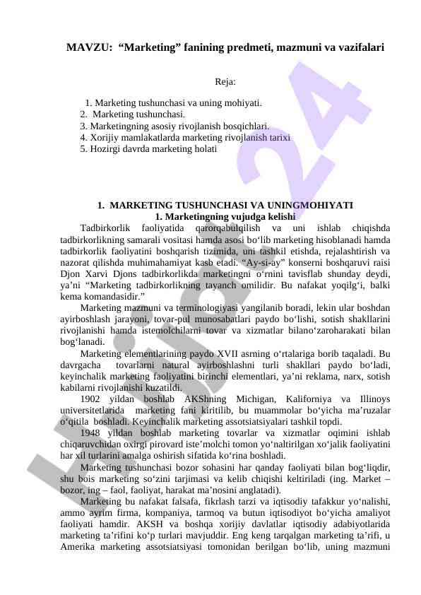 Marketing fanining predmeti va vazifalari