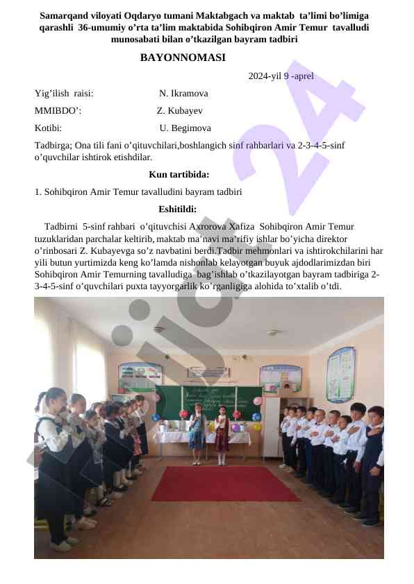 Sohibqiron amir temur tavalludi bayram tadbiri 2024