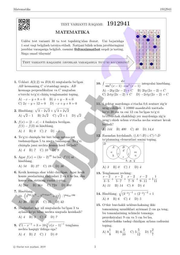 Matematika test varianti raqami 1912941