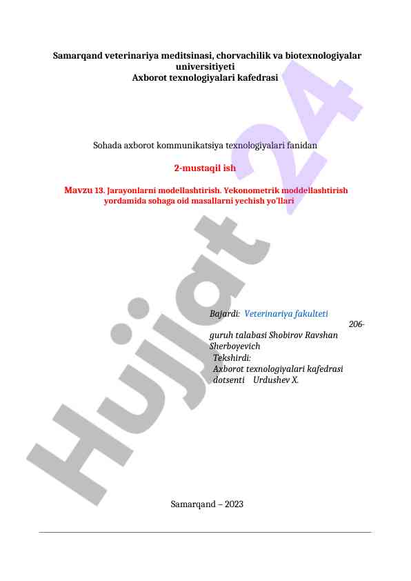 Jarayonlarni modellashtirish yekonometrik moddellashtirish