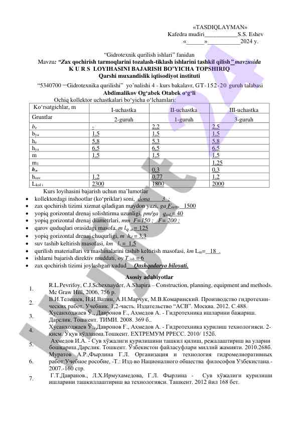 Gidrotexnik qurilish ishlari bo'yicha kurs loyihasi