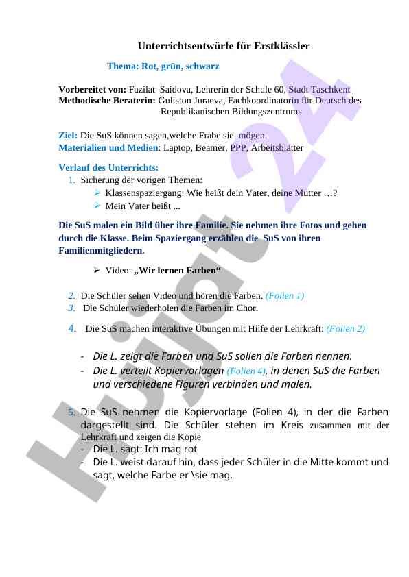 Unterrichtsentwürfe für erstklässler thema farben