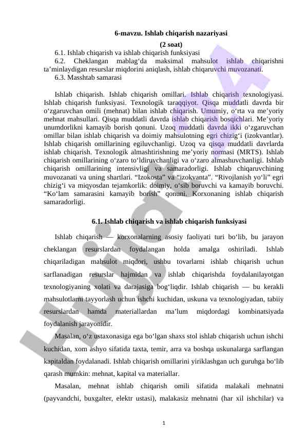 Ishlab chiqarish nazariyasi bo'yicha dars ishlanmasi