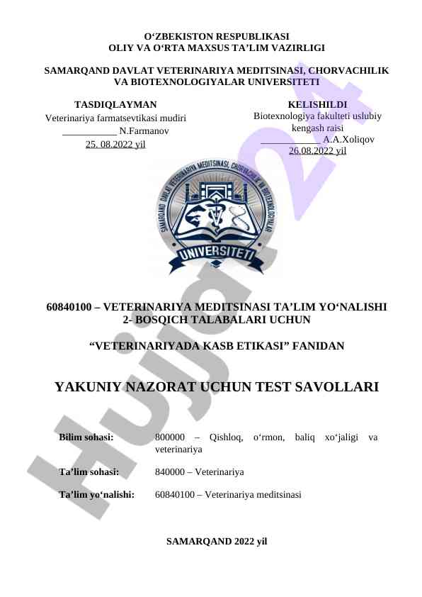 Veterinariyada kasb etikasi test savollari