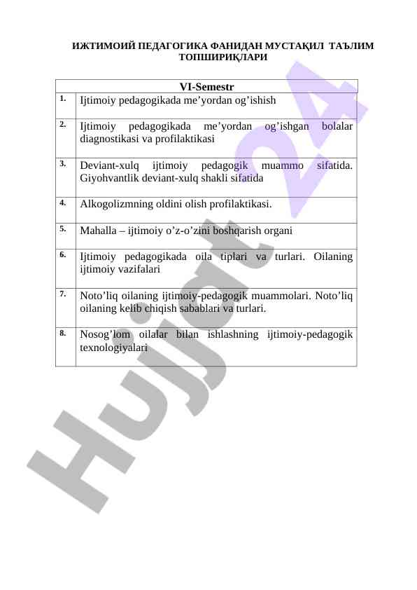 Ijtimoiy pedagogika fanidan mustaqil ta'lim topshiriqlari